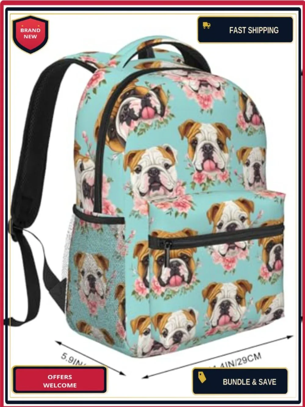 Floral Bulldog Backpack Lightweight Polyester Laptop Daypack for School Travel